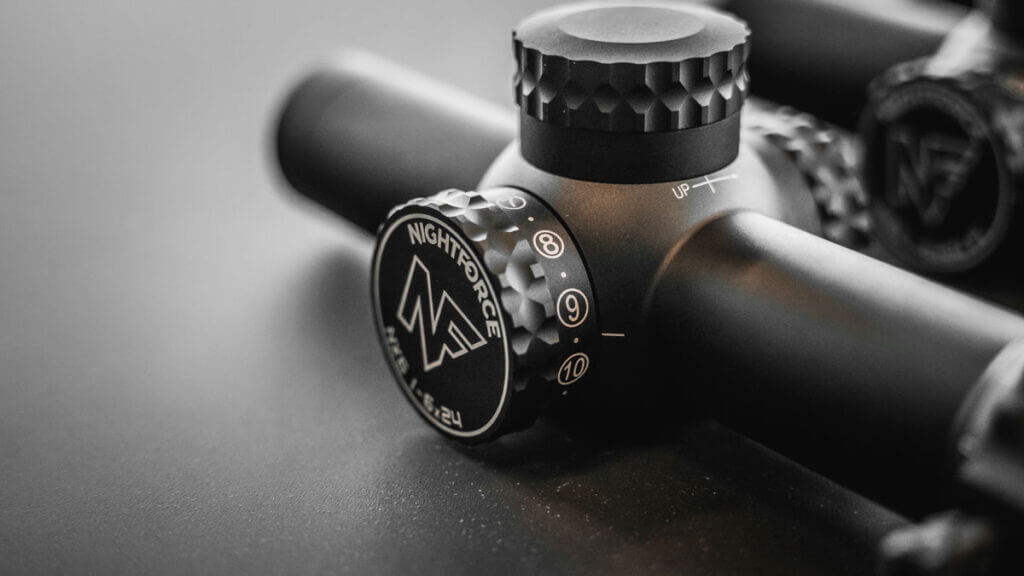 Nightforce NX6 1-6x24mm mounted, showing compact profile and daylight-bright center