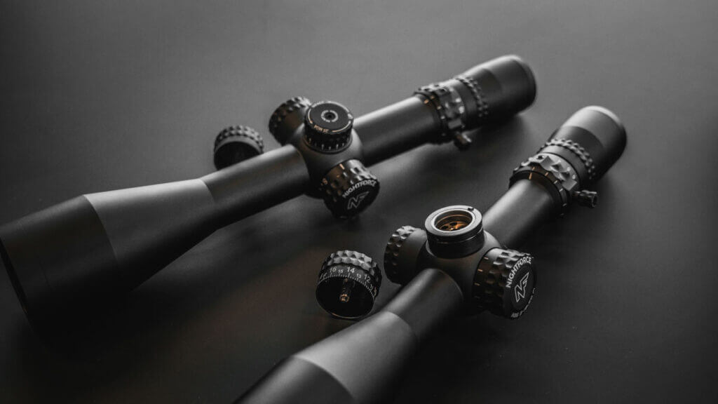 Nightforce NX6 riflescope lineup angled view showing objective bells and elevation turrets