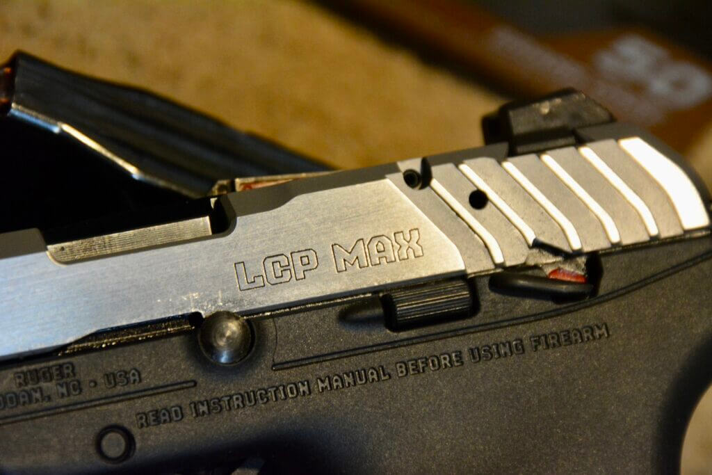 Ruger LCP Max slide roll mark close-up showing branding on the compact .380 pistol