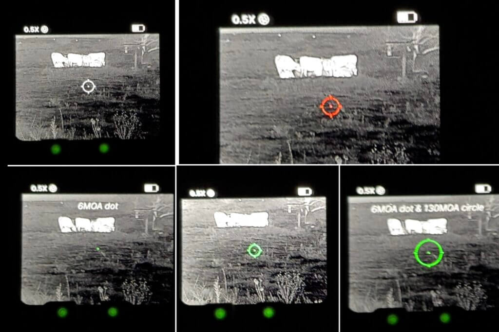 Infitac FML19 touchscreen showing reticle and color options menu