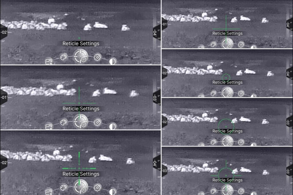 IOL25 multiple reticle choices overlaying cattle at 230 yards for comparison