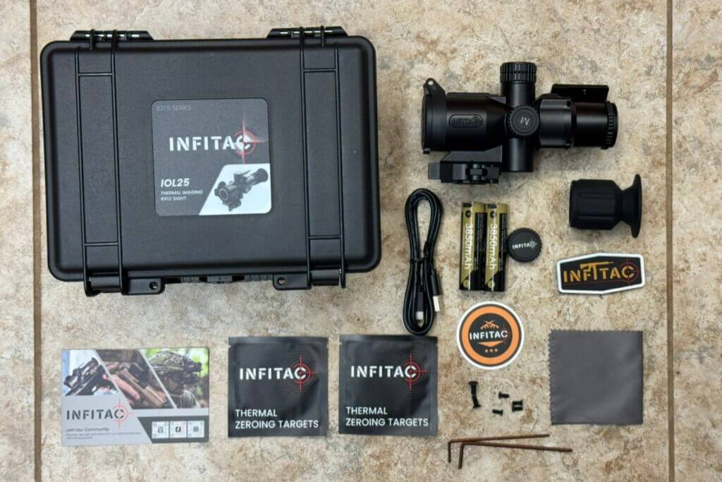 Infitac IOL25 full kit laid out with QD mount, offset red dot mount, batteries, tools, and accessories