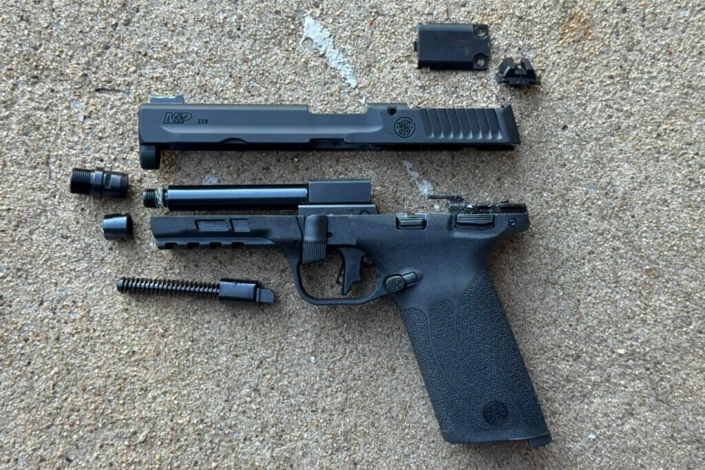M&P22X slide, frame, barrel, recoil assembly broken down to major components