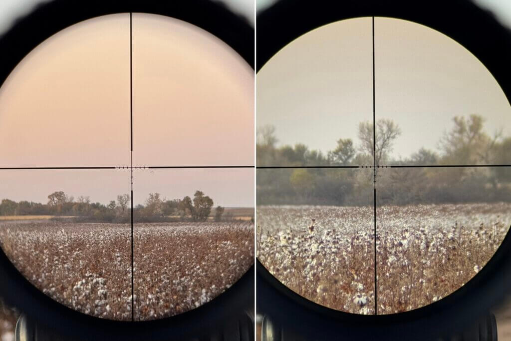 Comparison through Vortex Triumph HD at 3x and 9x showing distant trees around 1000 yards and reduced clarity at max magnification