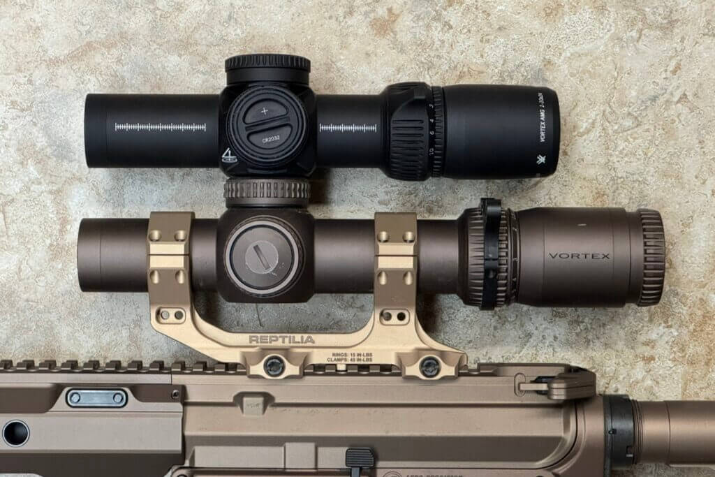 Side-by-side comparison of Vortex AMG 1-10x24 vs Razor 1-10x showing shorter profile and weight savings