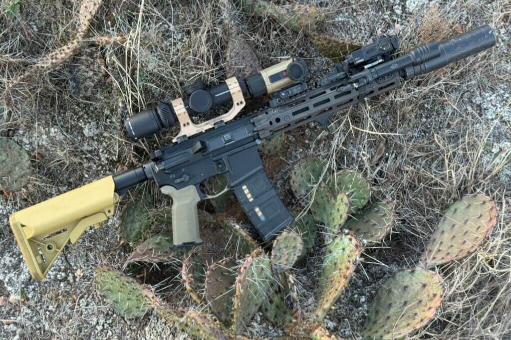 AMG 1-10x24 on an 11.5 inch AR with room for clip-on thermal, laser, and pressure pad