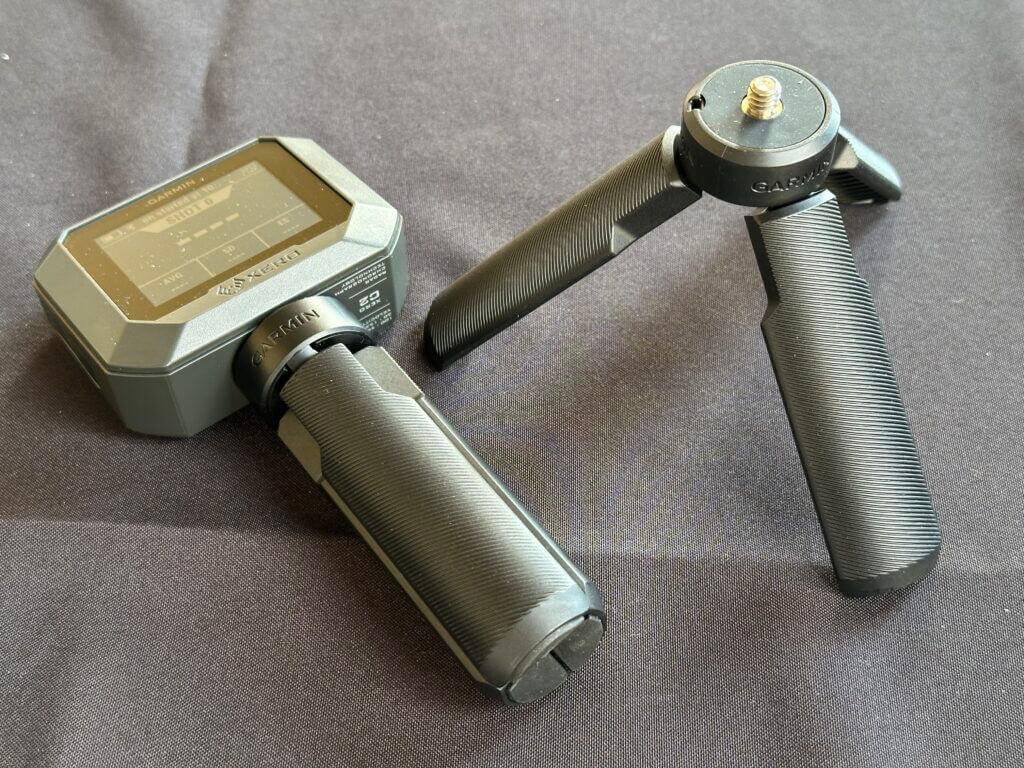 Garmin Xero C2 tripod is shown deployed and folded up.