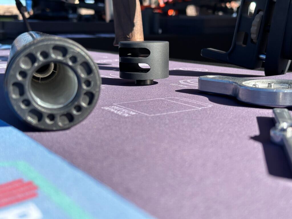 A view down the bore of the Hush suppressor, showing how the suppressor attaches over the barrel of the rifle.