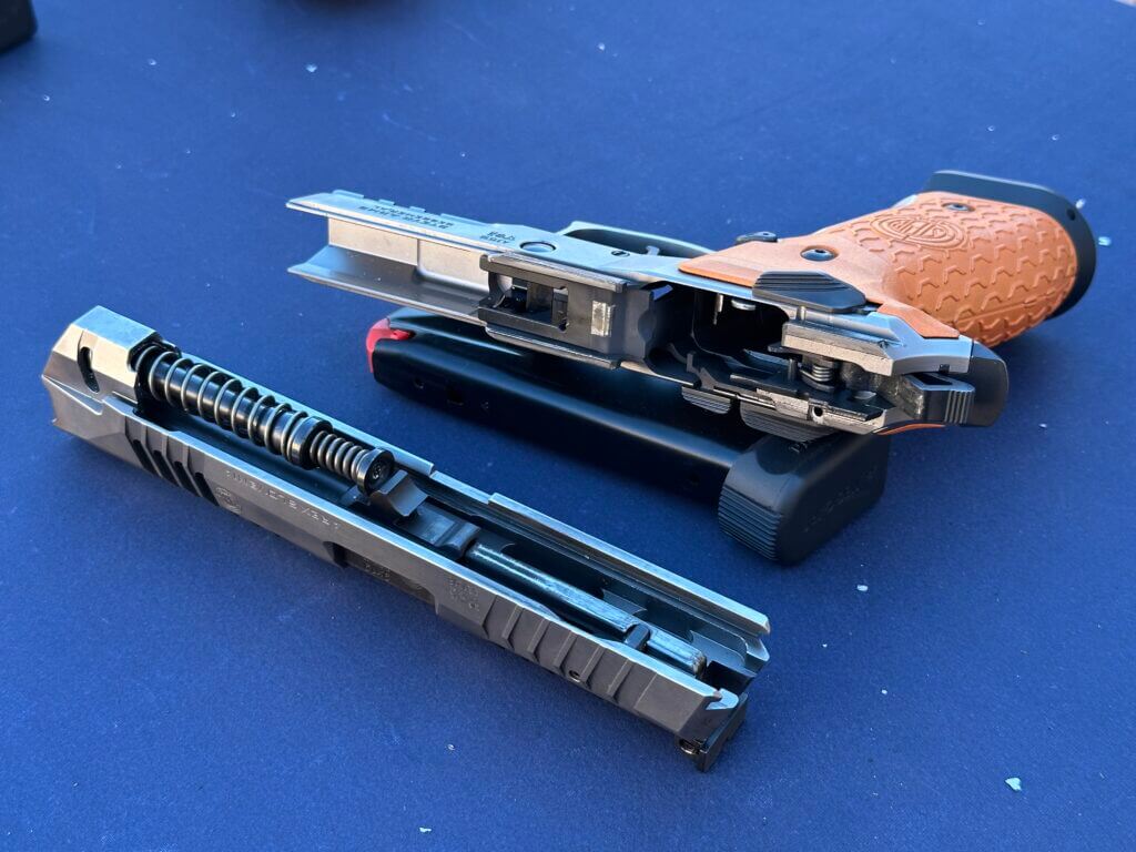 The slide is removed from the ATC Rock 5". showing the internals of the gun.