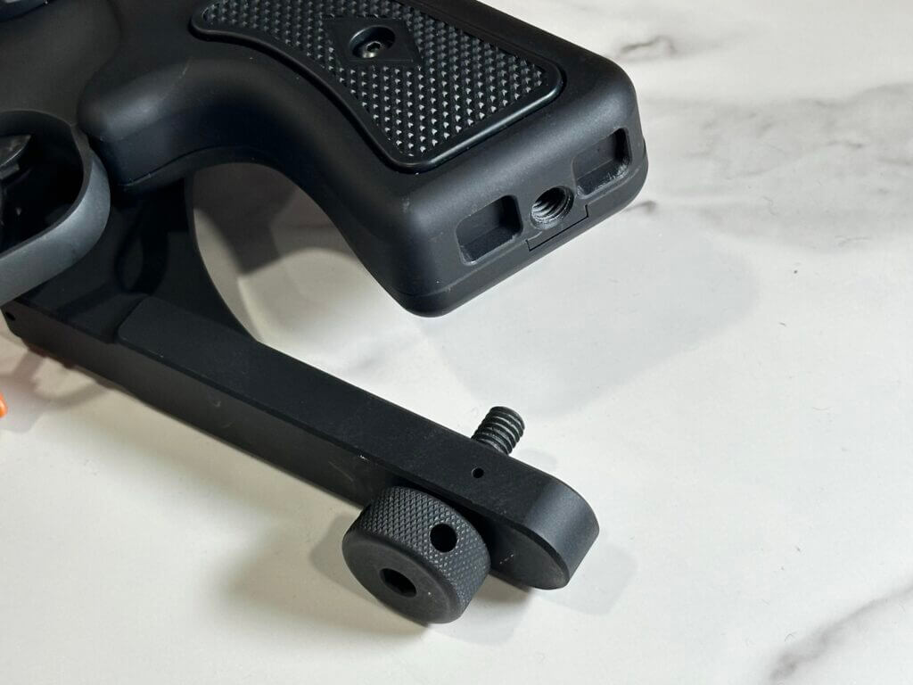 This is a closeup of the attachment point between the Bounty Hunter SEries stock and the grip.