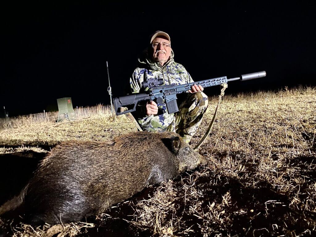 First hog down after shot through Armasight Commander 640 thermal scope during Texas night hunt