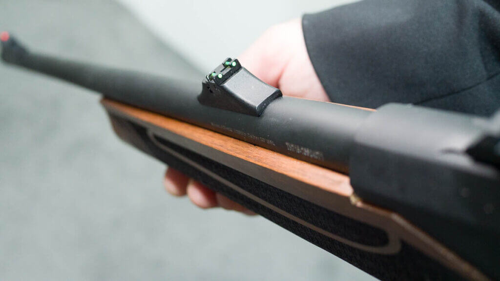 Adler AD500 rear green fiber optic sight close up with Picatinny rail clearance