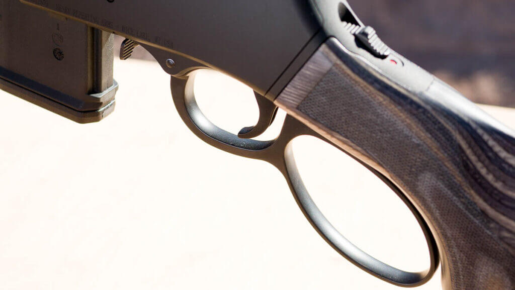 Close up of the left side of the action and lever.