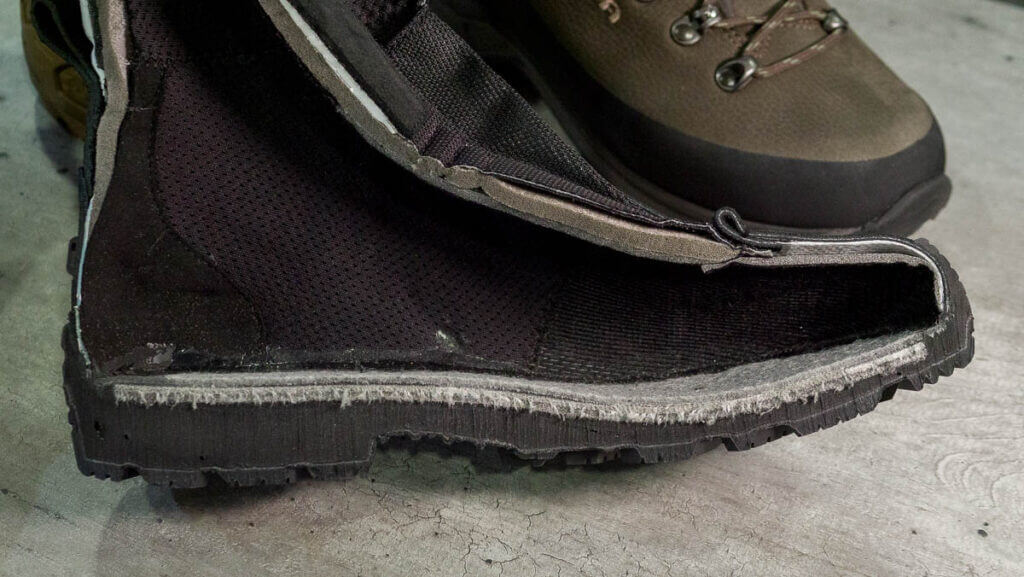 Close up view of a cross seciton of the boot showing the sole layers.