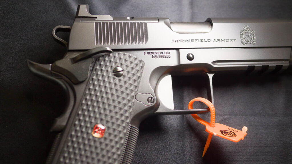 Close up view of the right side of the rear of the gun.