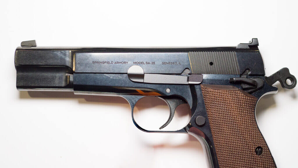 View of the left side of the gun, cropping the bottom of the grip with the hammer cocked.