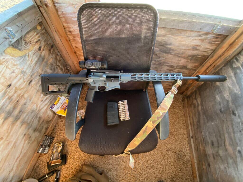 Inside The Dink elevated hunting stand in Texas used for Armasight thermal hog hunting test