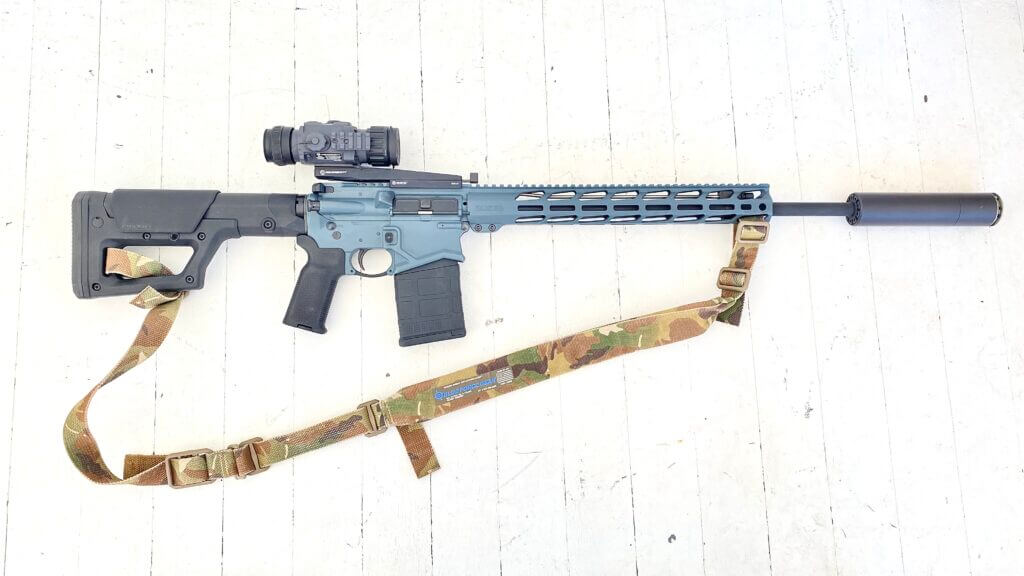 Ruger SFAR 6.5 Creedmoor AR10-style rifle with blue Cerakote used with Armasight Commander 640 thermal scope