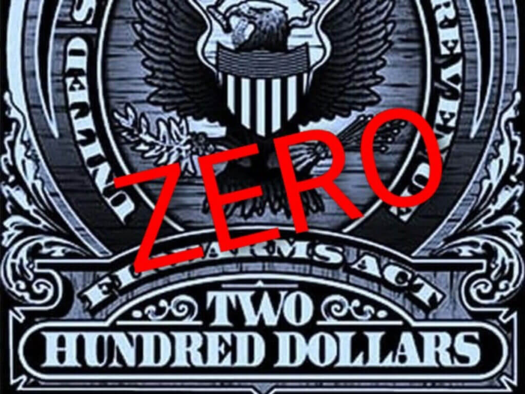 NFA tax stamp graphic showing zero dollar change for suppressors SBRs SBSs and AOWs