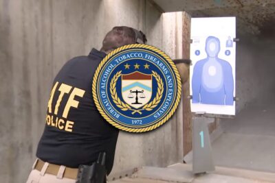 An ATF agent shooting at a indoor gun range.