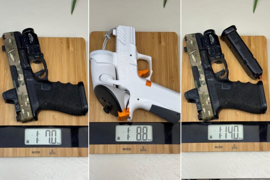 ACE VR MR920 handset on scale compared to EDC pistol weight for training realism