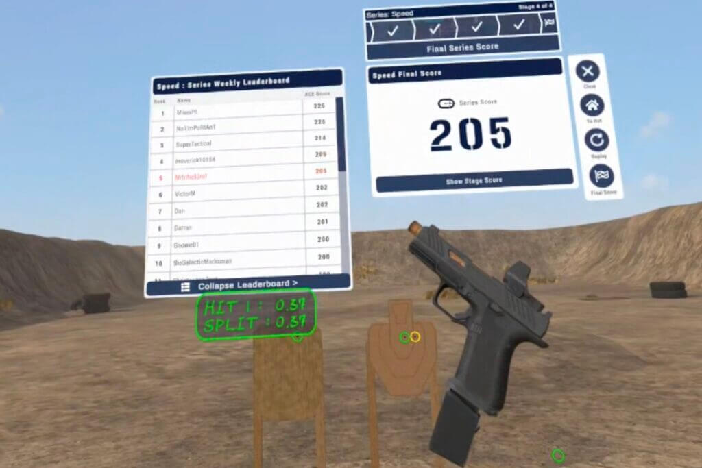 ACE VR stage results screen with hit factor, splits, accuracy map, and ranking