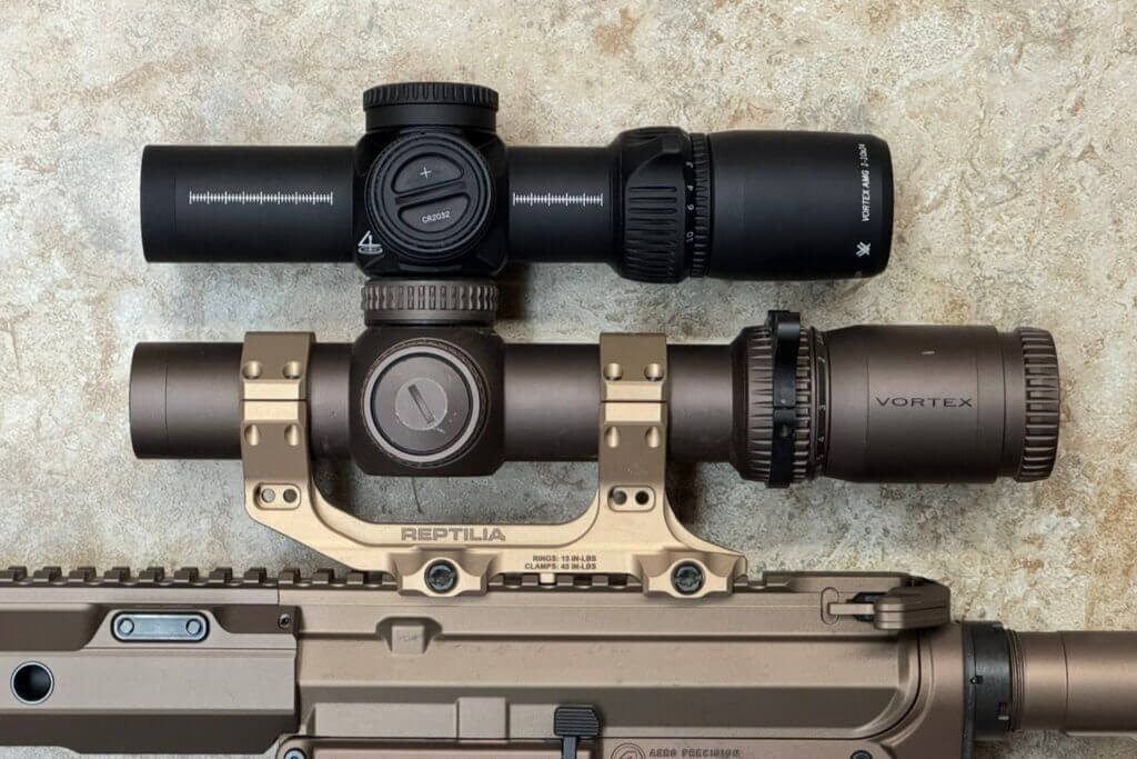 Vortex AMG 1-10x24 compared side by side with Vortex Razor 1-10 showing shorter overall length