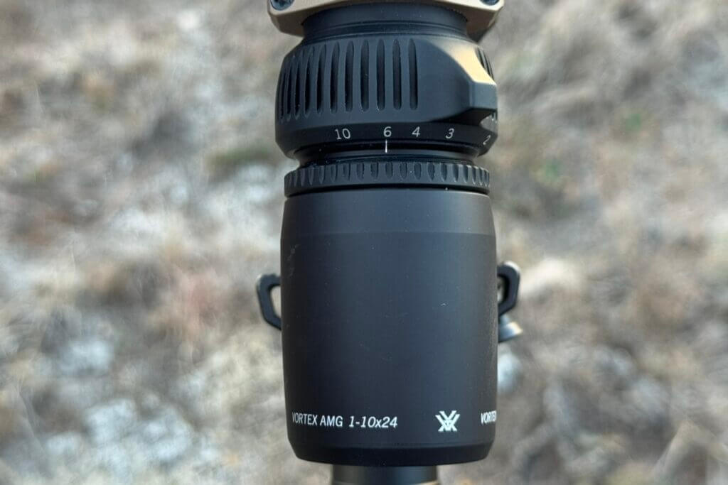 Locking fast-focus diopter ring on Vortex AMG 1-10x24 eyepiece behind magnification adjustment