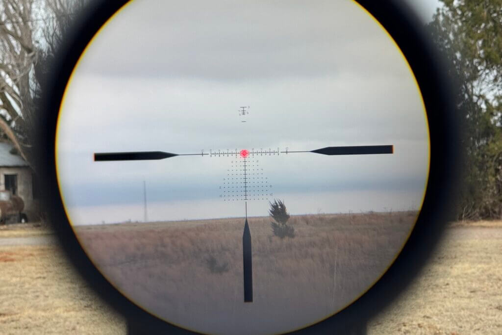 View through Vortex AMG 1-10x24 at around 7X magnification showing clear image and strong edge-to-edge performance