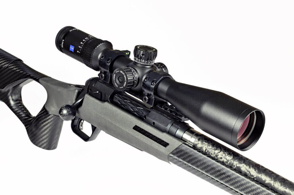 Savage 110 KLYM V2 rifle with Zeiss Conquest V4 6-24x50 scope on a 20-MOA Picatinny rail