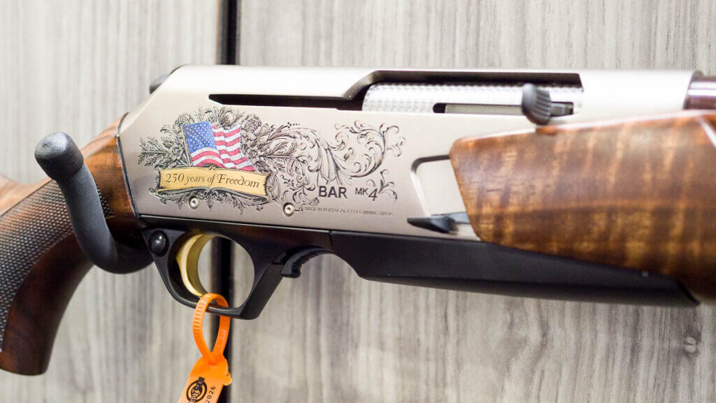 Close up view of the receiver with 250th anniversary details.