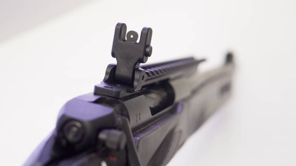 Close up of the rear sight in aperture mode.