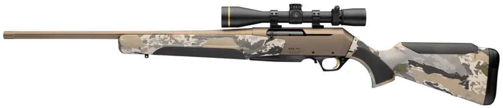 Studio image of a left-handed version with a scope and camo stock facing left.
