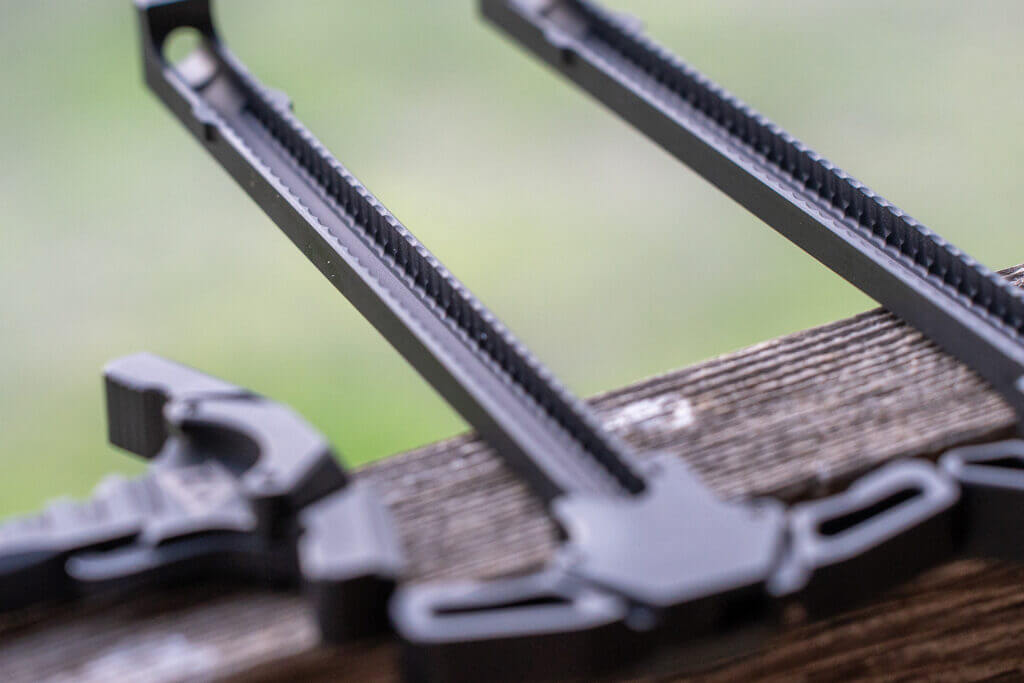 Stem baffling inside the Breek Omni-Buster charging handle helps disrupt suppressor gas on an AR-15