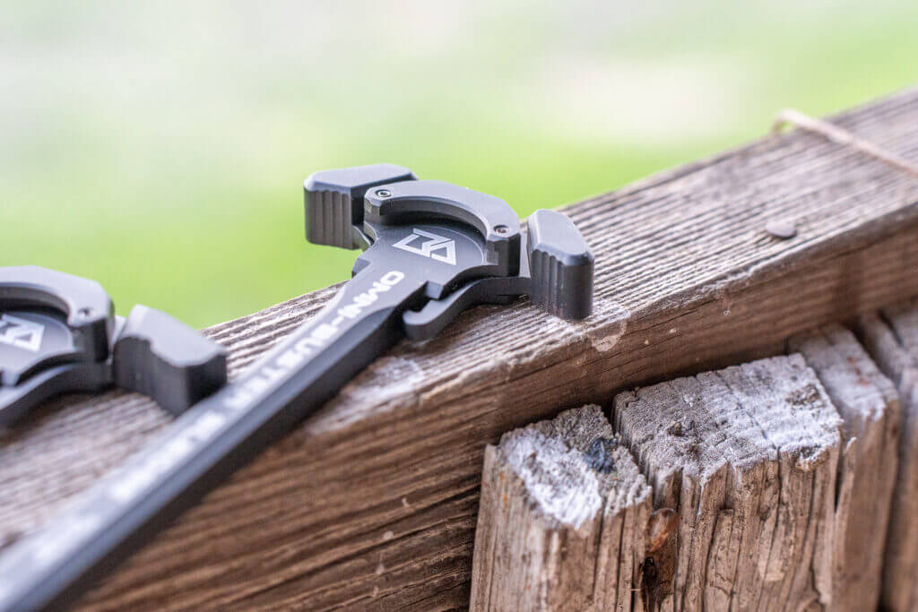 Raised rear shelf on the Breek Omni-Buster charging handle blocks gas from exiting toward the AR-15 shooter