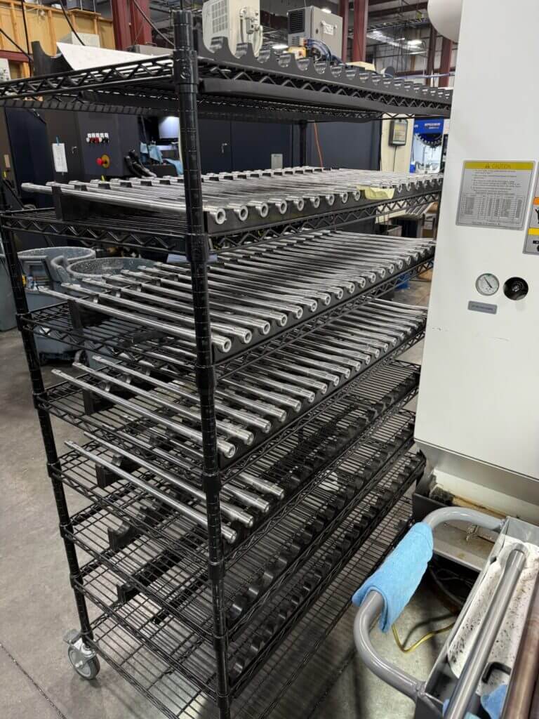 Racks of Seekins Precision barrels staged for the next manufacturing step