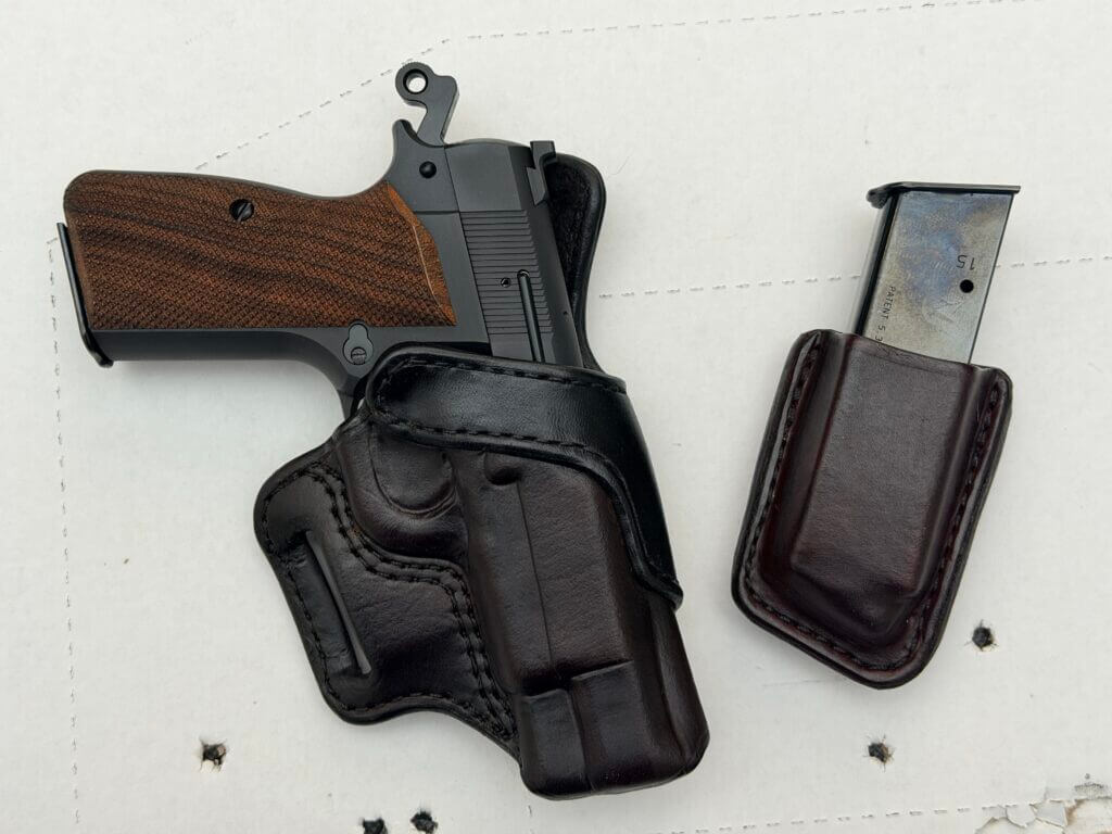 Springfield Armory SA-35 4-inch in custom Mark Garrity leather holster with matching magazine pouch for concealed carry