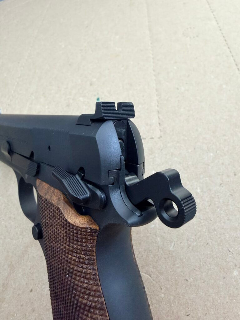 Springfield Armory SA-35 4-inch rear sight and extended thumb safety close-up, showing the serrated U-notch and carry-ready controls
