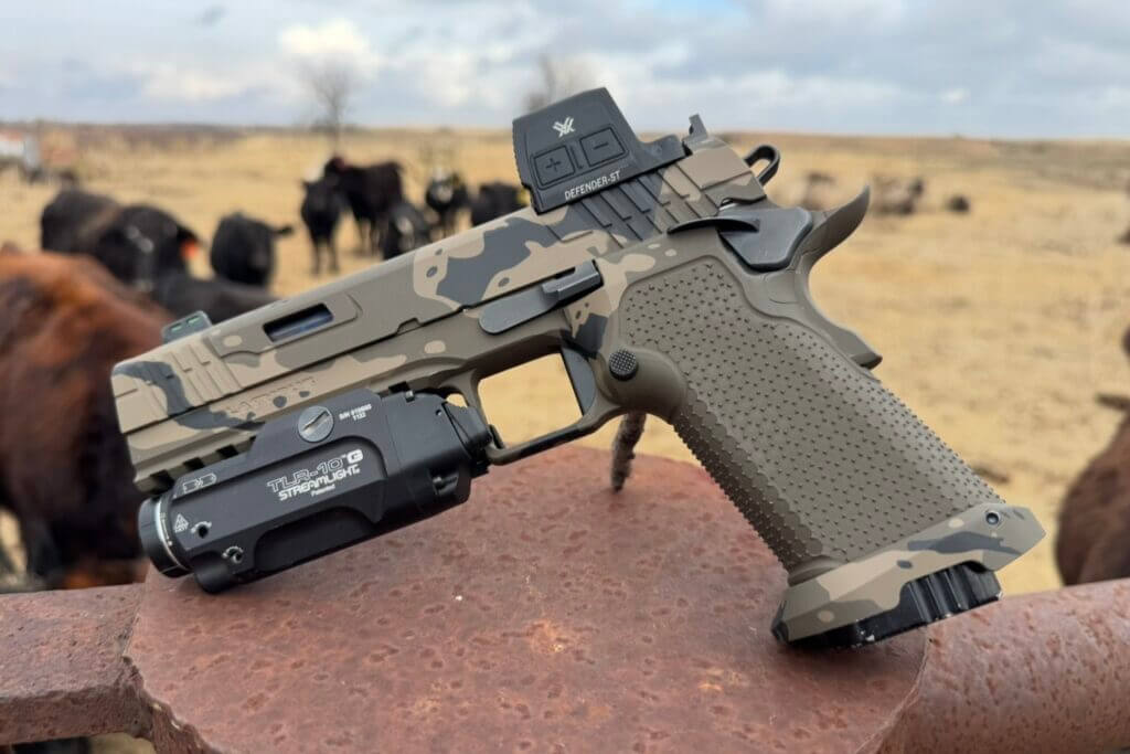 Stealth Arms Platypus custom pistol with Rising Creek Cerakote and Impact Machine slide porting