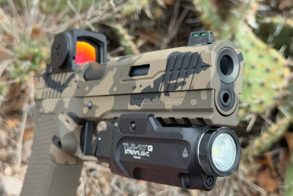 Flush 5 inch bull barrel on a custom Stealth Arms Platypus pistol