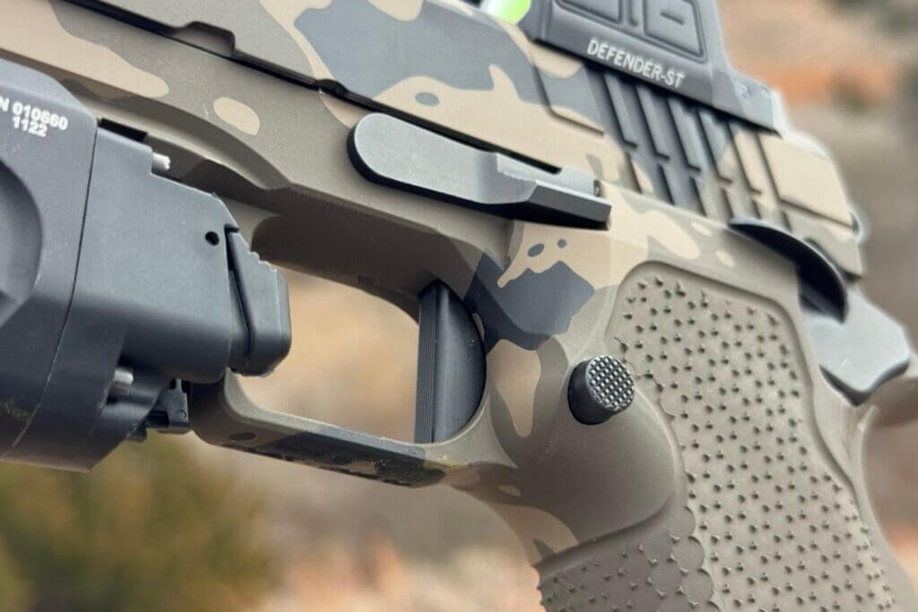 Short straight trigger option on the custom Stealth Arms Platypus 2011-style pistol