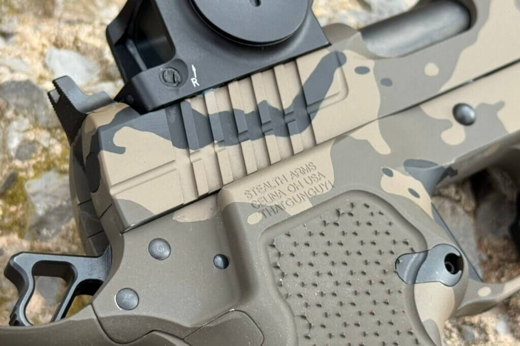 Custom serial number detail on a personalized Stealth Arms Platypus pistol build