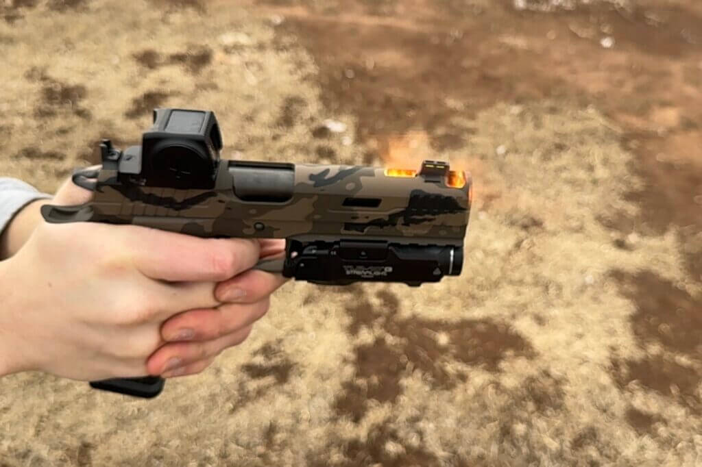 Impact Machine Flatty Platy porting venting gas during live fire with the Stealth Arms Platypus