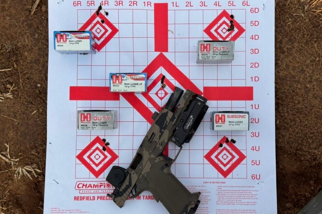 Ten yard accuracy groups from the Stealth Arms Platypus using Hornady carry ammunition