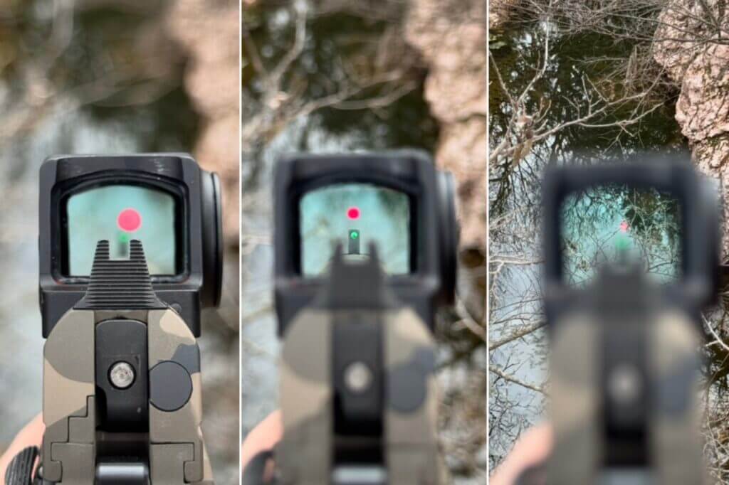 Sight picture through the Vortex Defender-ST Enclosed optic on a Stealth Arms Platypus