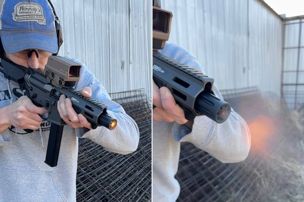 Springfield Armory muzzle drum in action on the SAINT Victor 9mm PDW during live fire
