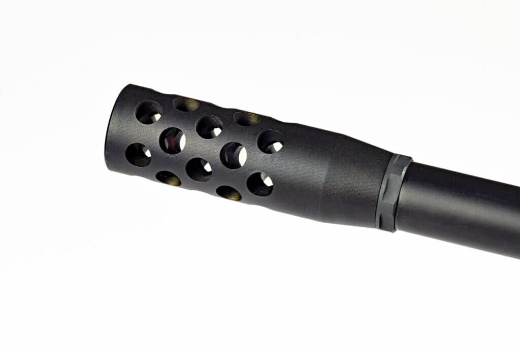 Radial muzzle brake on threaded Benelli Lupo Alpha barrel for recoil control