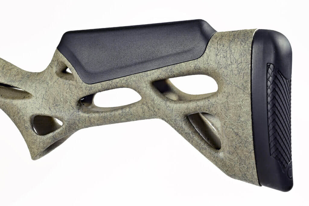 3D-printed biomimicry stock on Benelli Lupo Alpha rifle with recoil pad and cheek pad detail