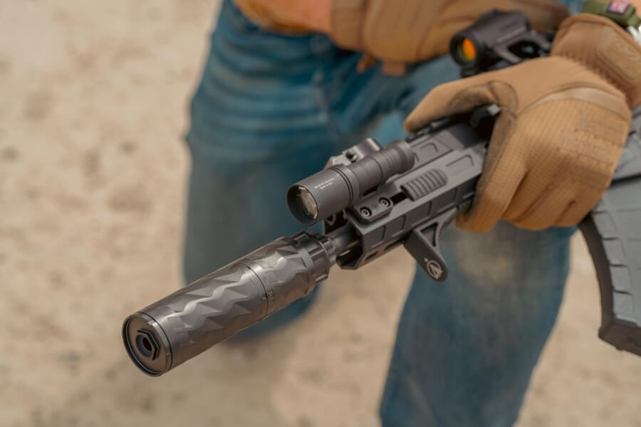 The BDE762K-TI suppressor on the end of a gun. 