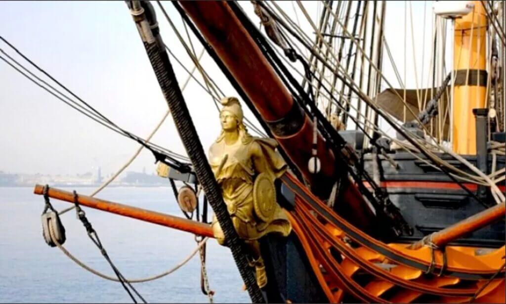 ornate beakhead detail from an age of sail warship similar to the decorative front section of the Vasa